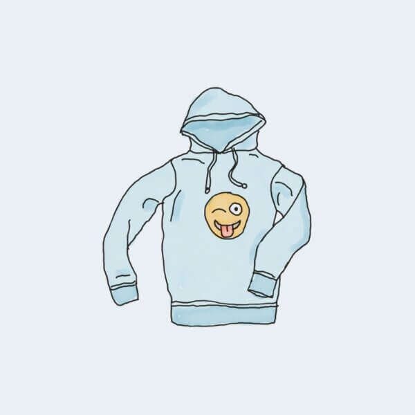 blue hoodie with a smiley face on it